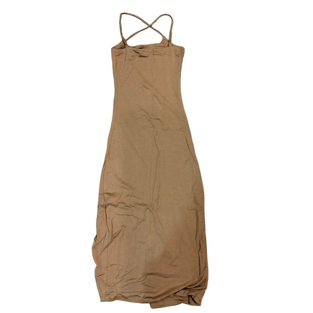 Tan Brown Cross Back Slip Dress Maxi Side Slit Adjustable Straps Womens Small - Picture 3 of 8